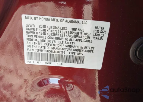 2020 Honda Pilot 2Wd Ex-L from USA, damaged, VIN 5FNYF5H52LB009299